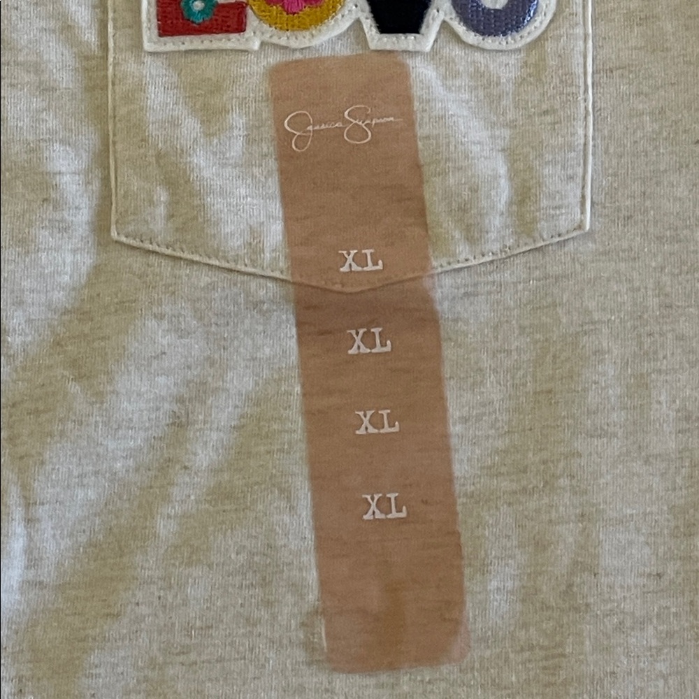 Jessica Simpson Beige Graphic Tee with Colorful Patches Tween SZ XL - Picture 3 of 7